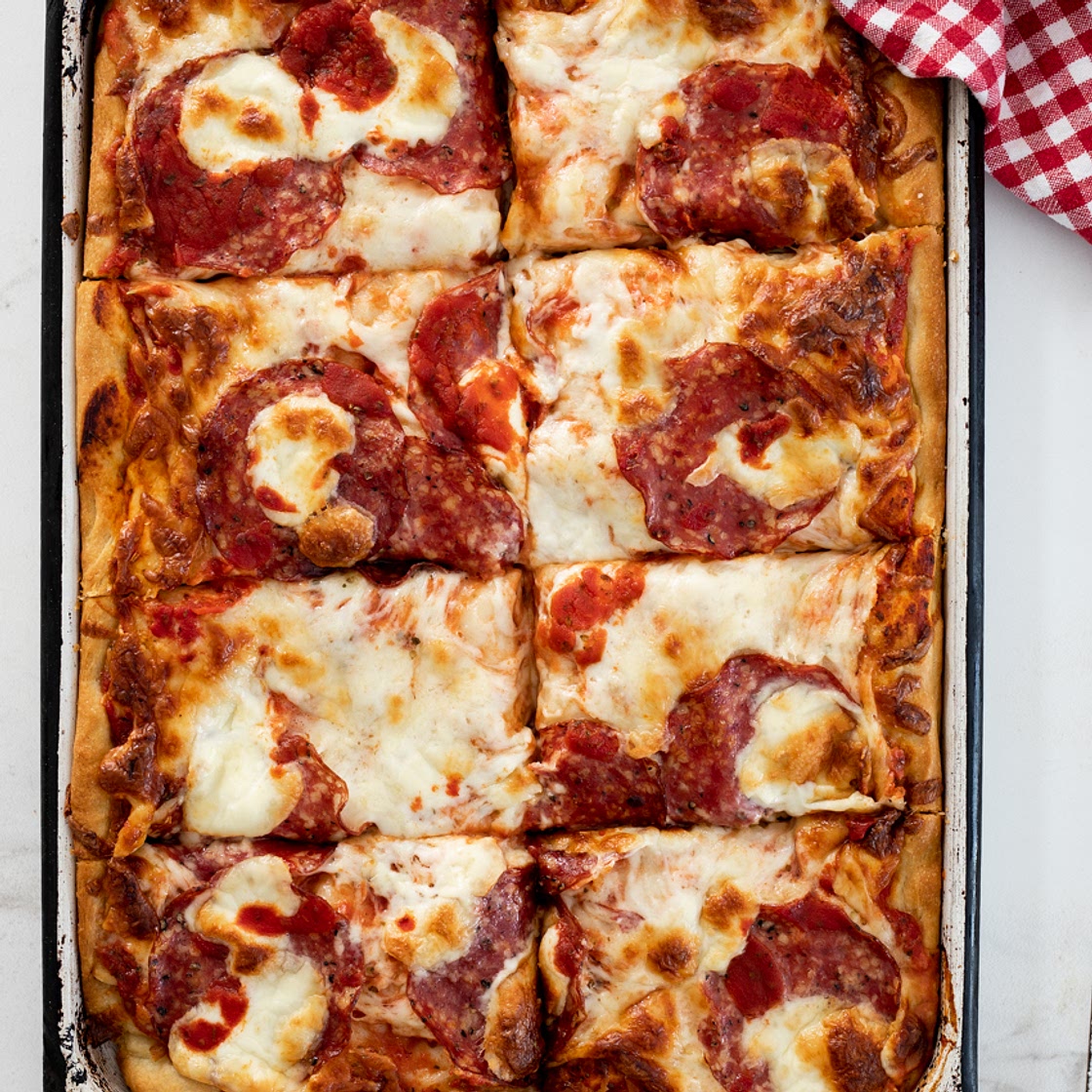 Cheesy Salami Grandma Pizza