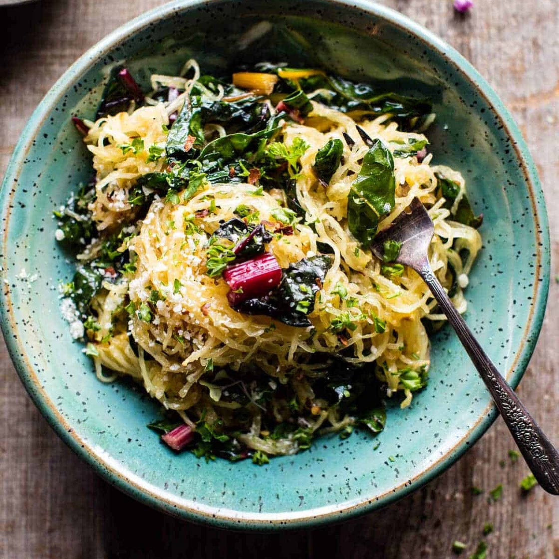 Spaghetti Squash Aglio E Olio with Rainbow Chard