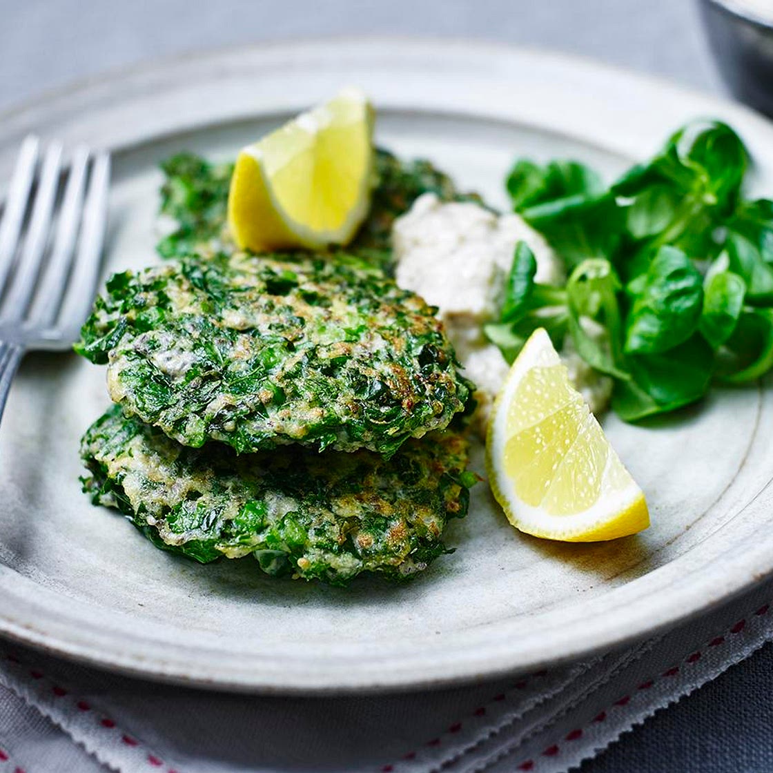 Kale, pea and ricotta fritters