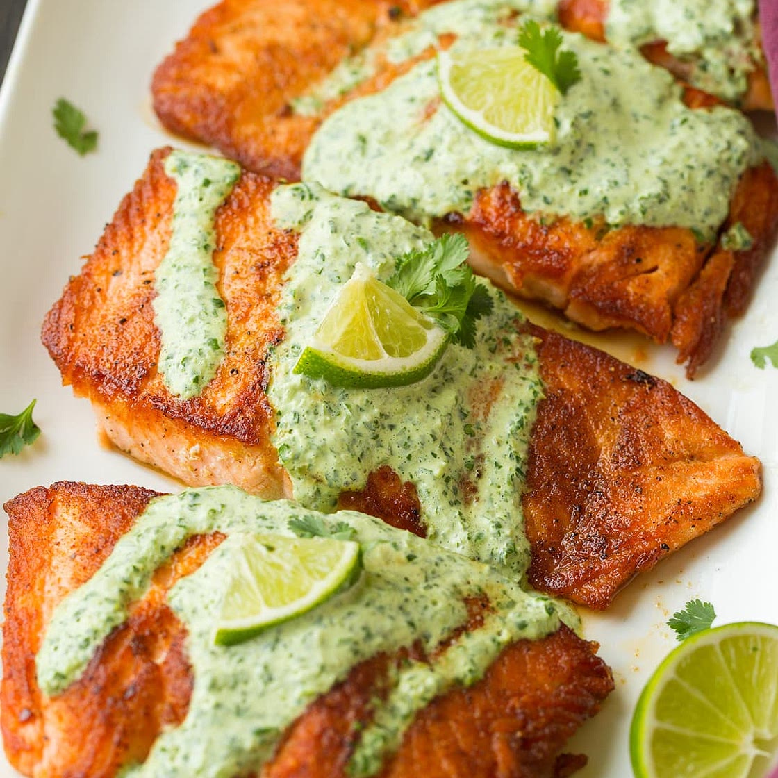 Skillet Seared Salmon with Creamy Cilantro Lime Sauce
