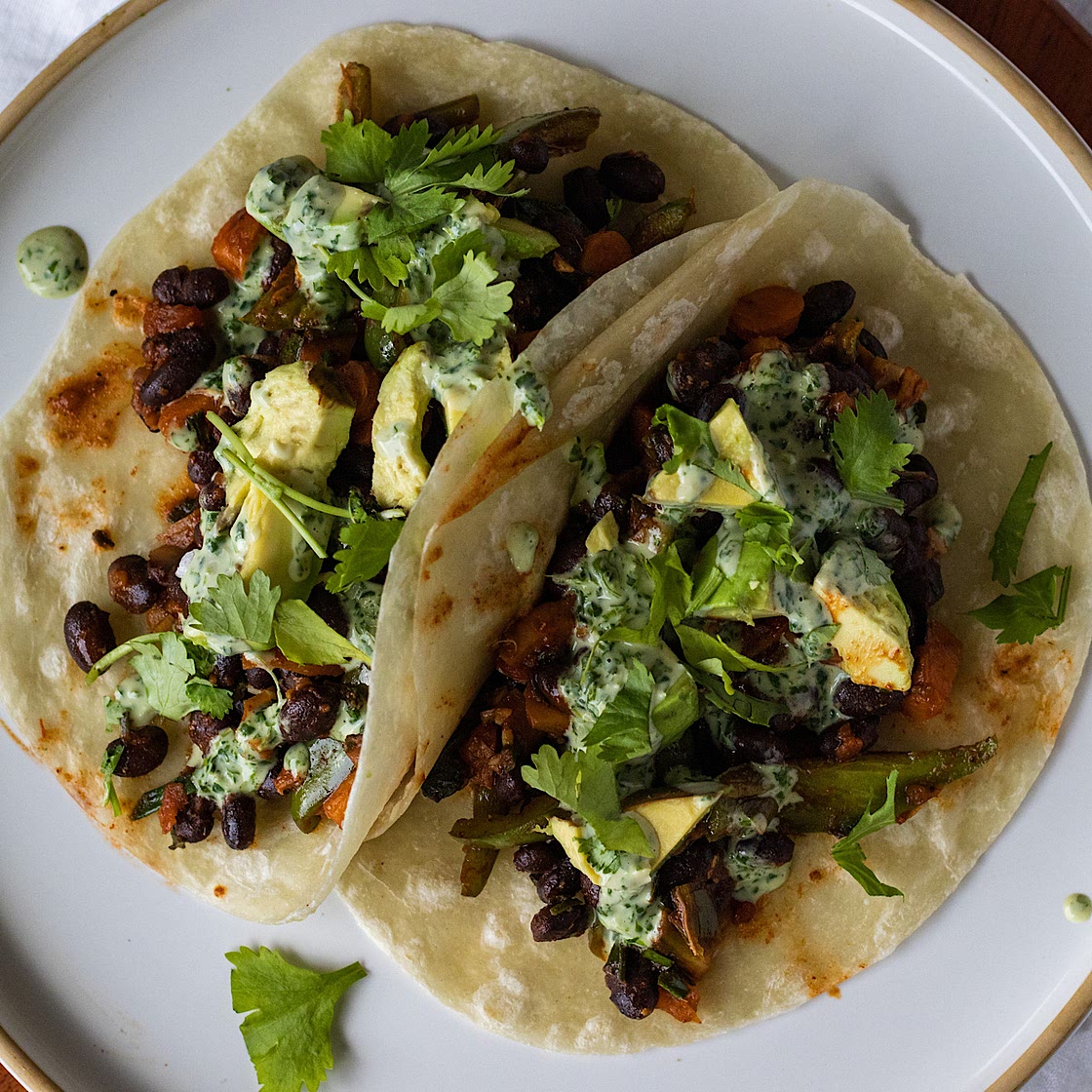 Vegan Fall Black Bean Tacos with Cilantro Lime Tahini Sauce