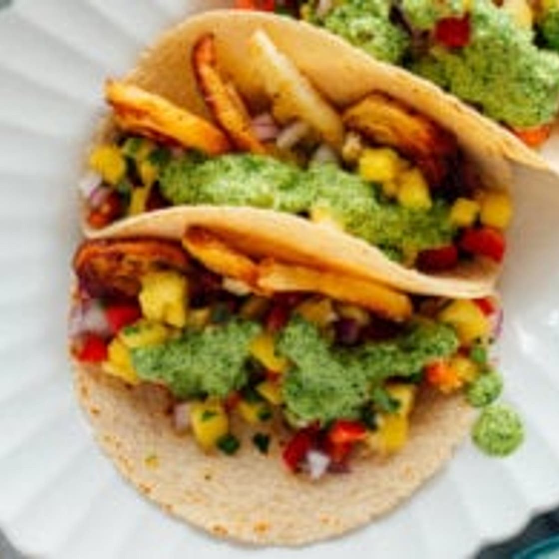 Halloumi Tacos with Pineapple Salsa & Aji Verde