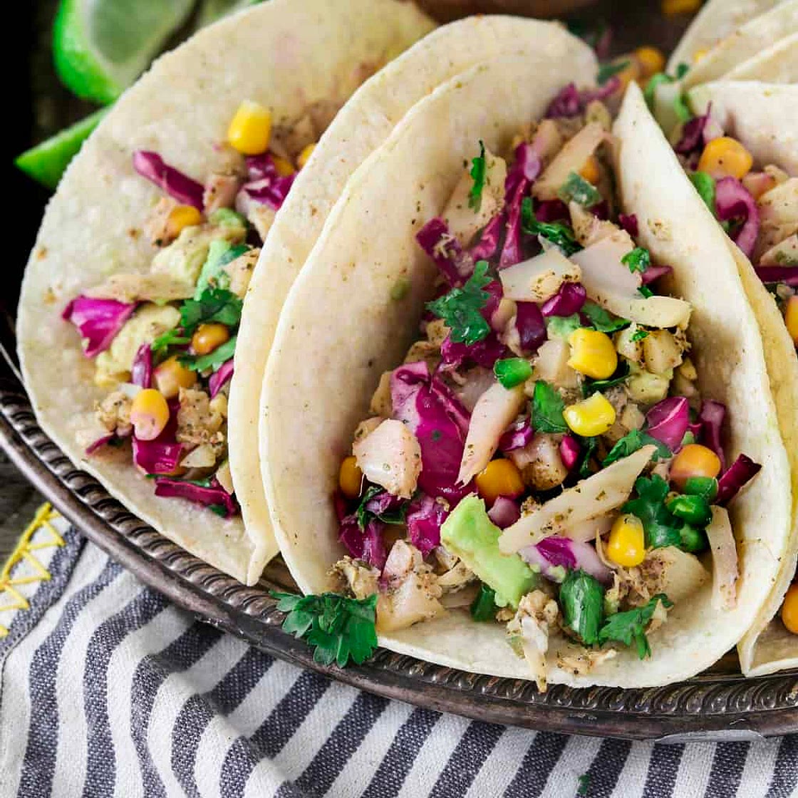Vegan Fish Tacos with Cilantro-Lime Corn Slaw