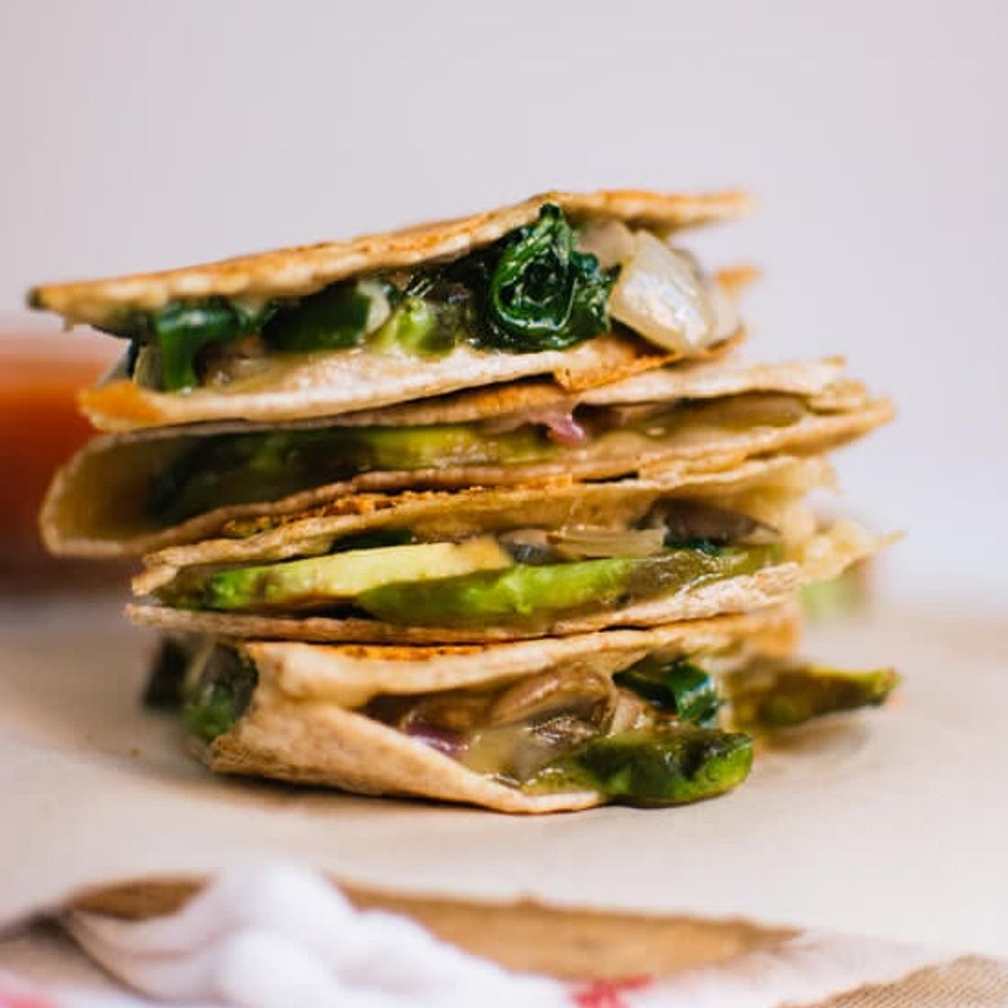 Crispy Mushroom, Spinach and Avocado Quesadillas