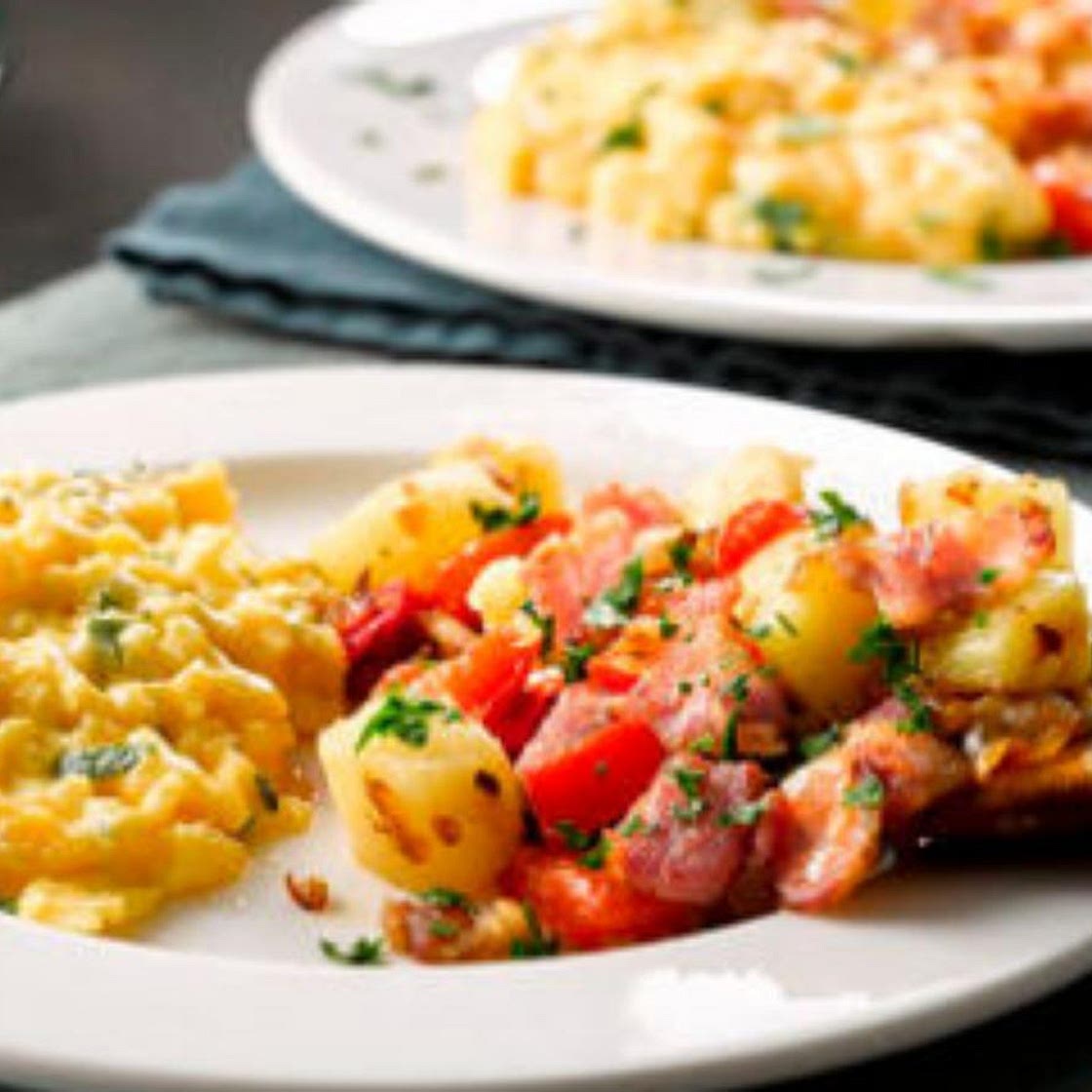 Bacon and Egg Scramble with Bell Peppers, Mushrooms, and Onions