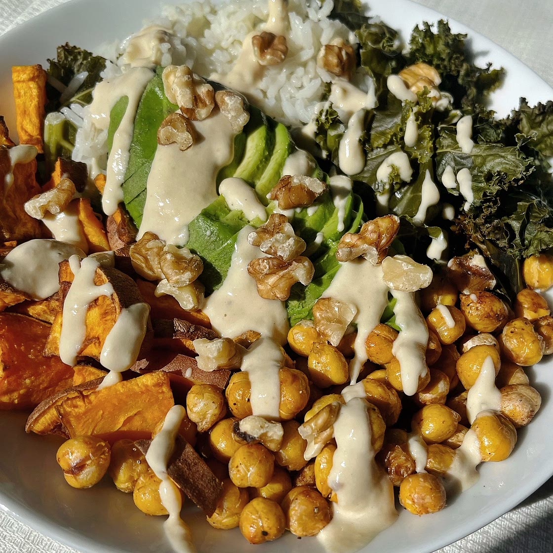 Sweet Potato Buddha Bowl with Crispy Chickpeas and Lemon Tahini Hummus Dressing