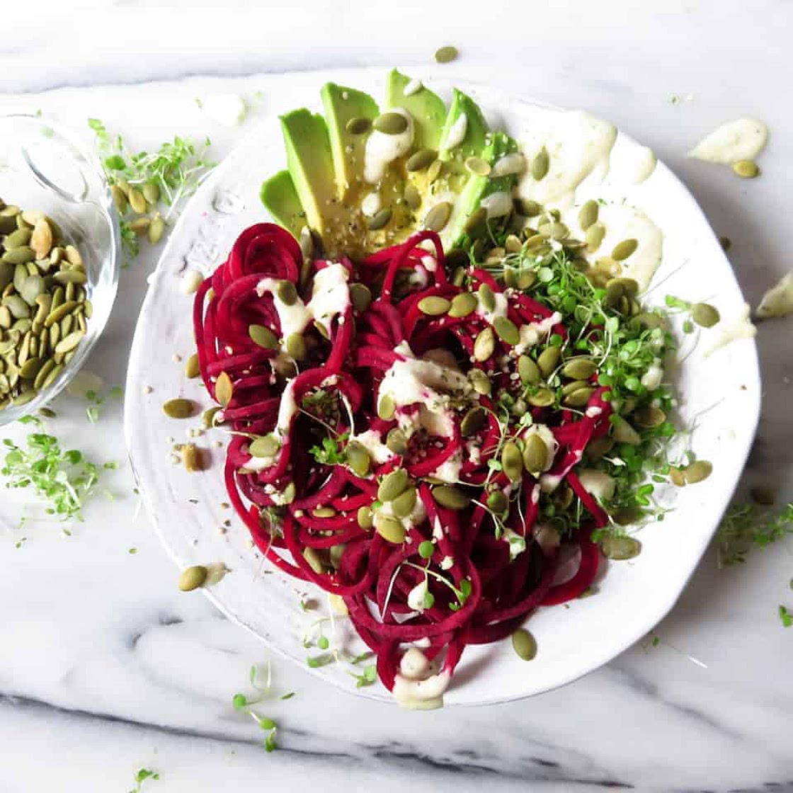 Spiralized Beet Salad with Creamy Garlic Dressing