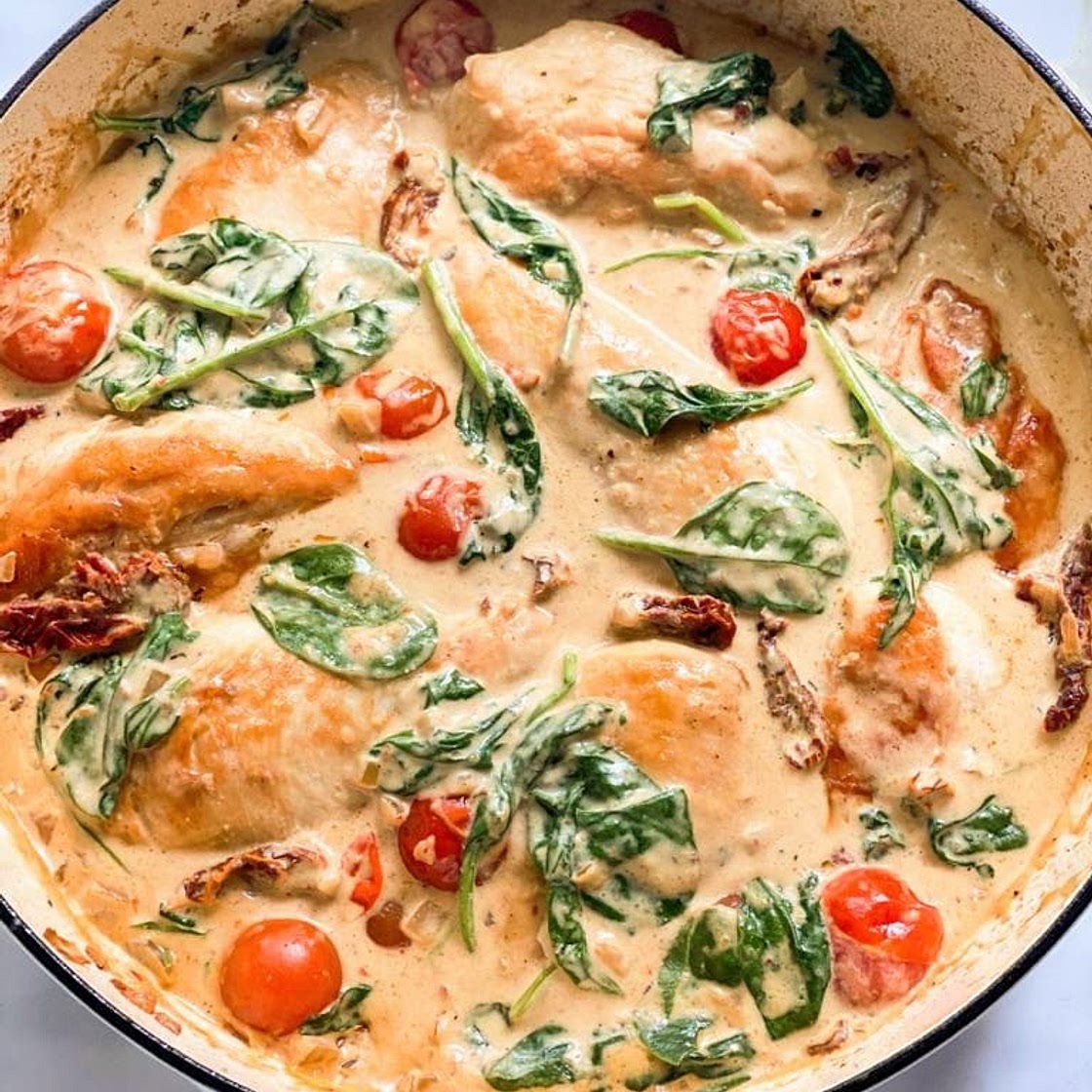 Creamy Skillet Tomato Spinach Chicken Breasts
