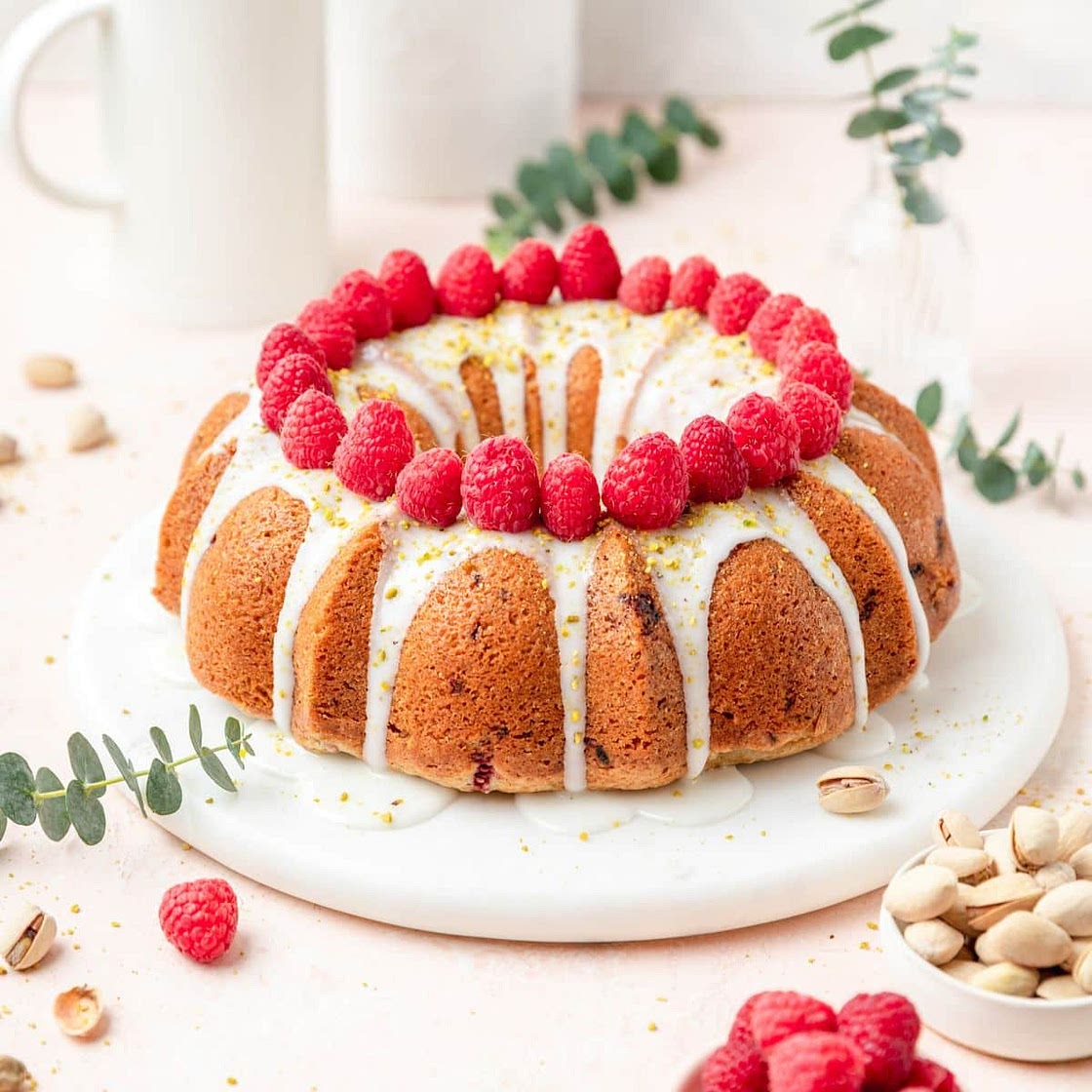 Pistachio Olive Oil Bundt Cake with Raspberries