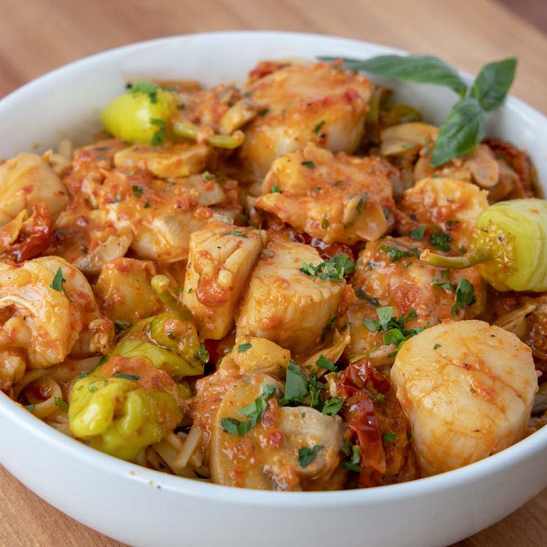 Shrimp and Scallops in a Roasted Red Pepper Sauce