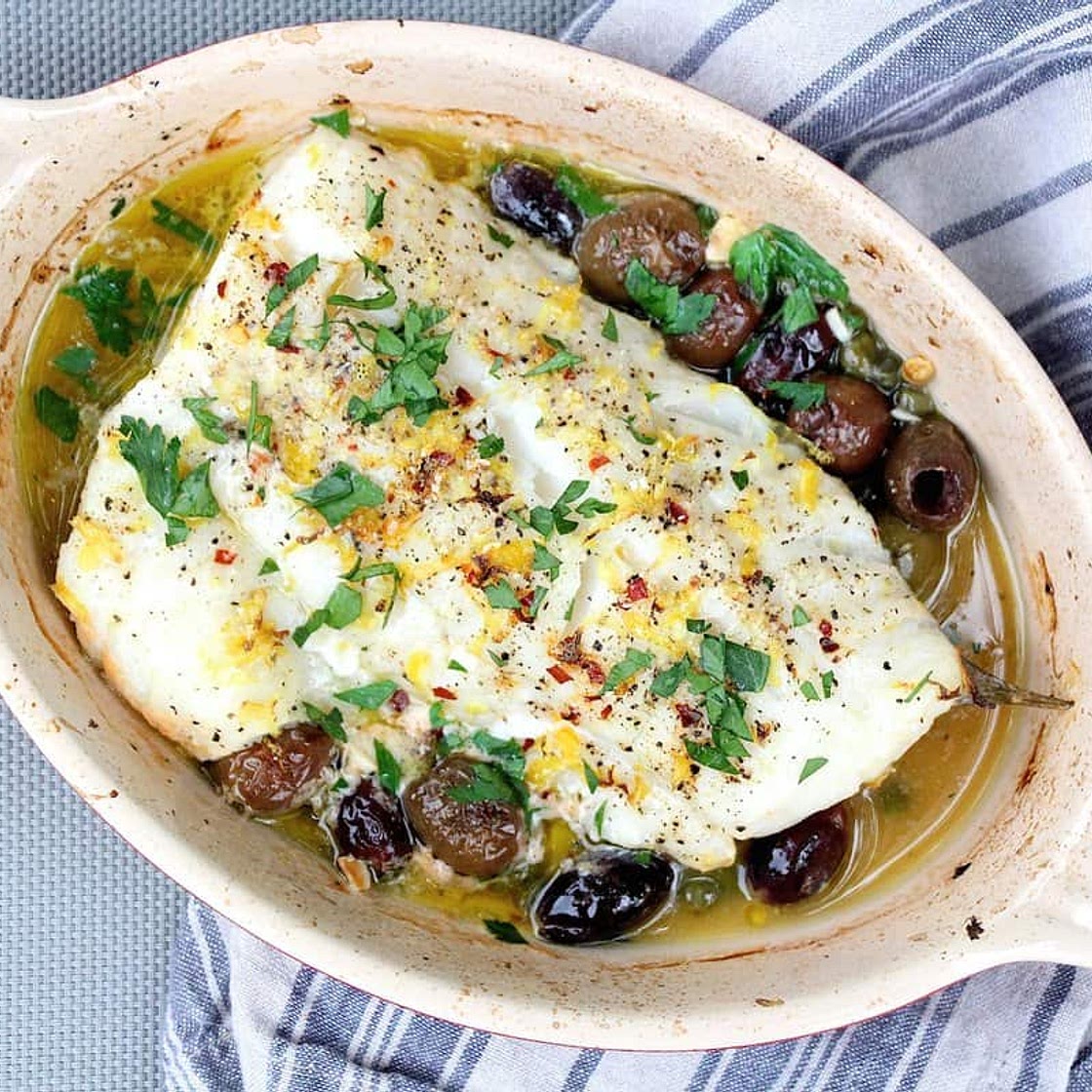 Roasted Cod with Olives, Capers, and Lemon