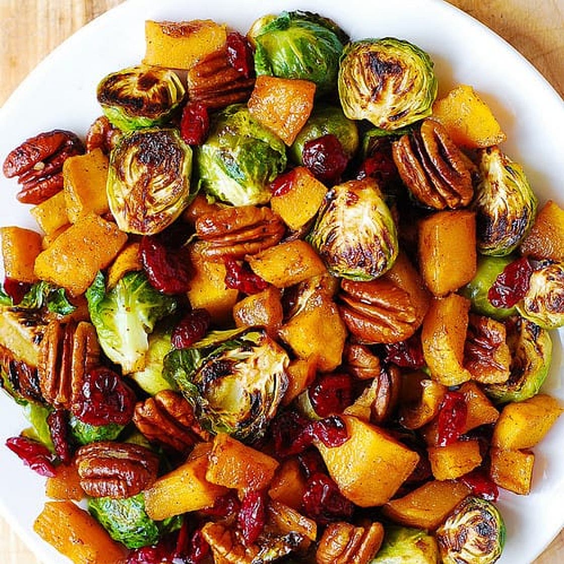 Roasted Brussels Sprouts and Cinnamon Butternut Squash with Pecans and Cranberries
