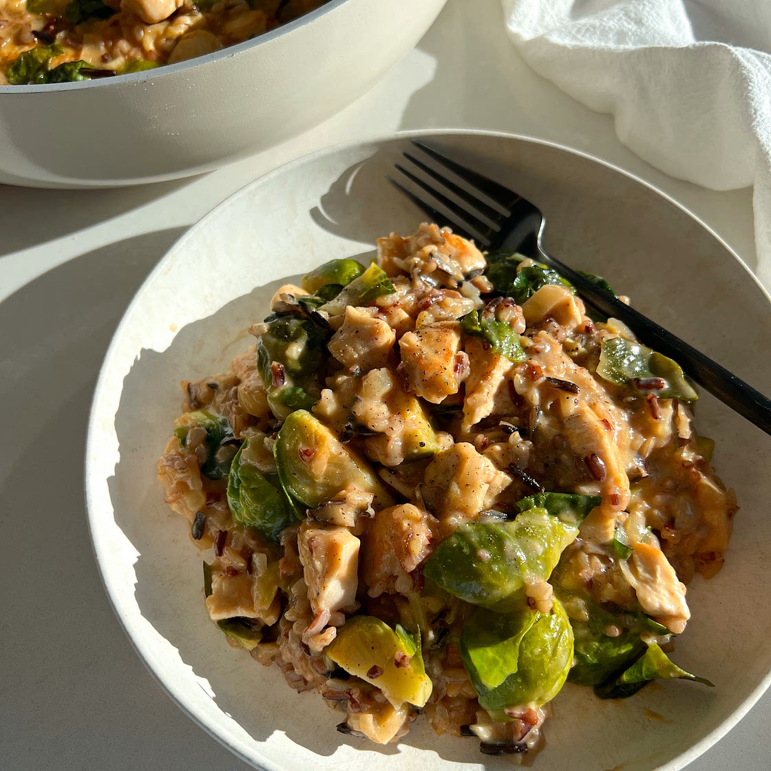 Cheesy Chicken and Brussels Sprouts Casserole with Wild Rice