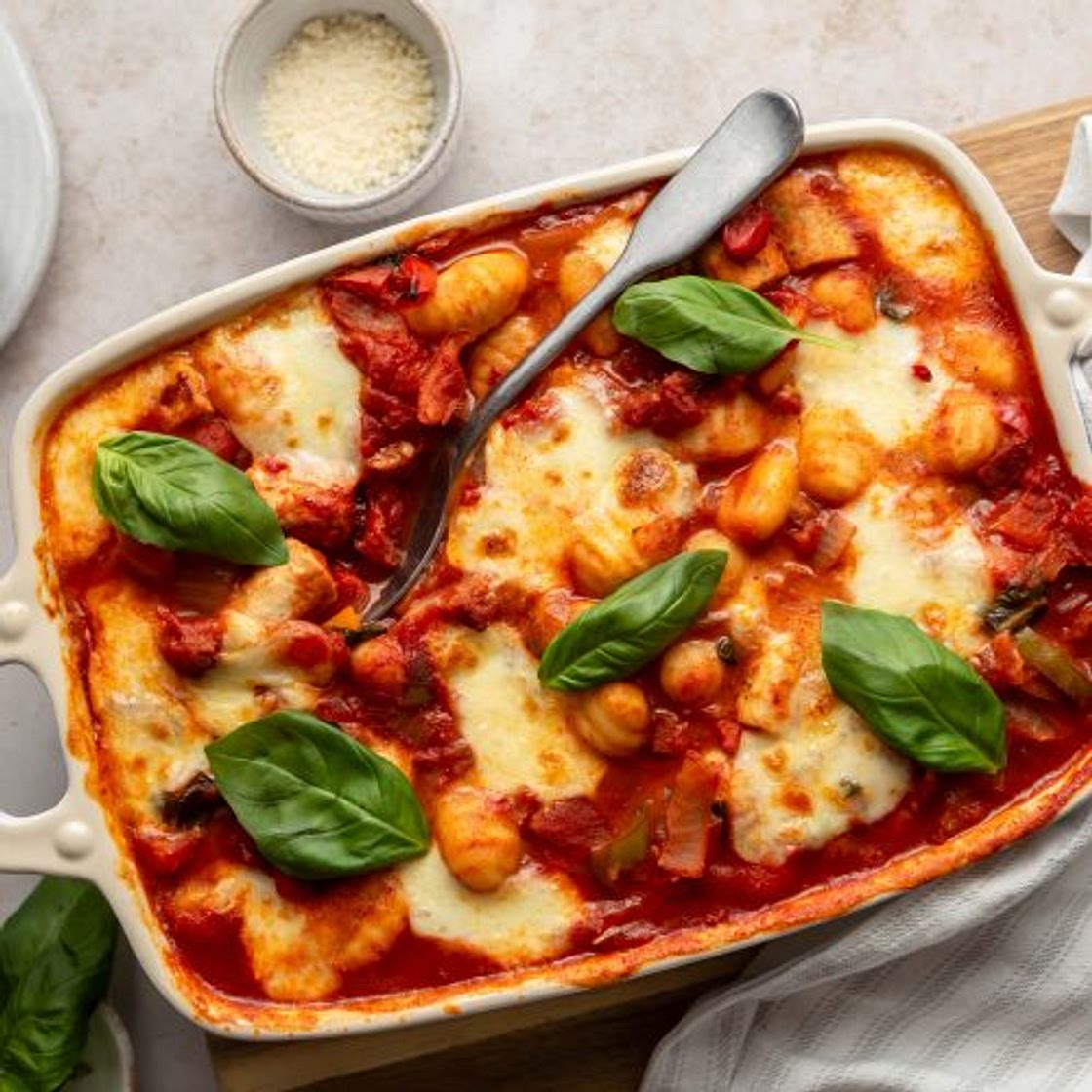 Cheesy chorizo baked gnocchi