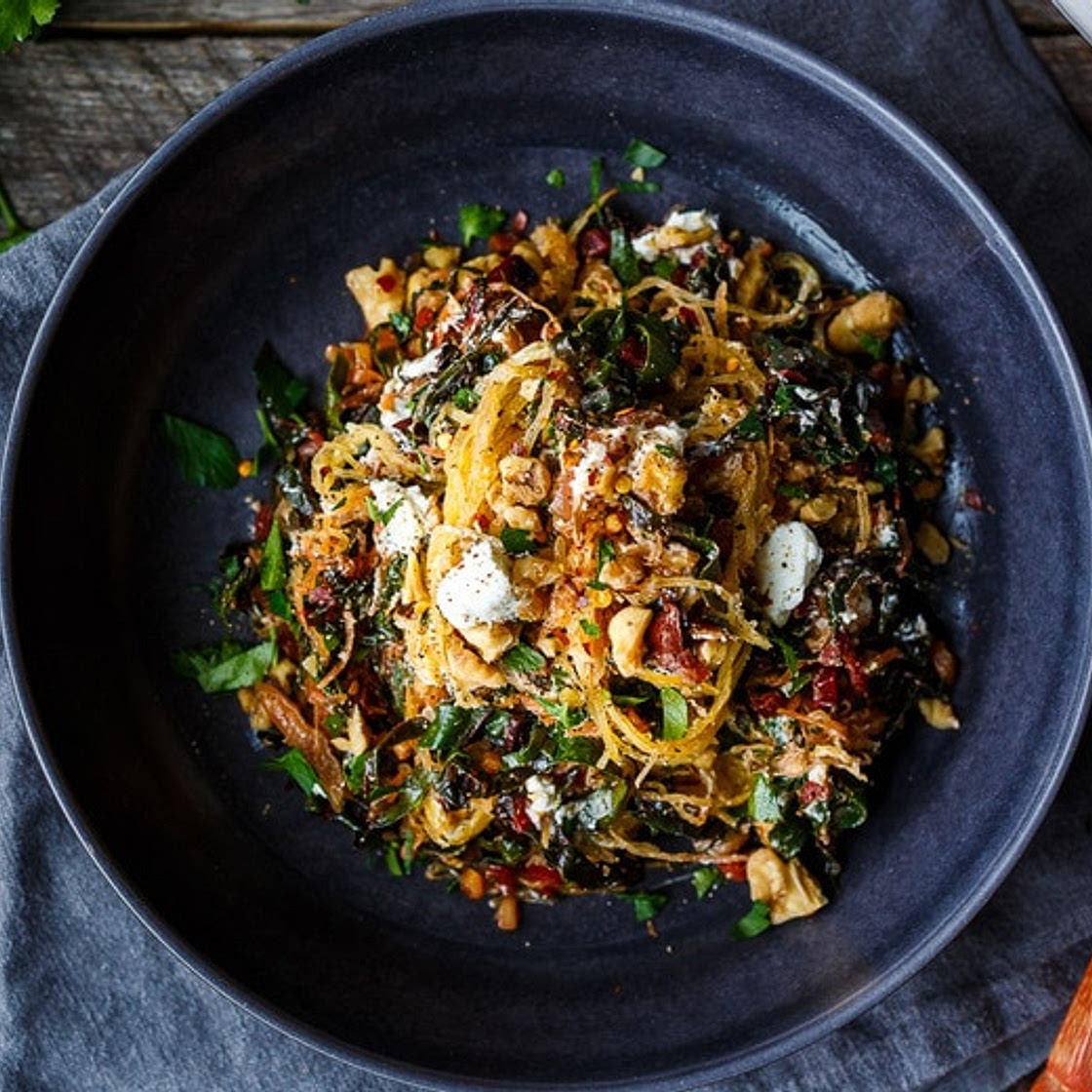 Spaghetti Squash with Chard, Walnuts and Chèvre