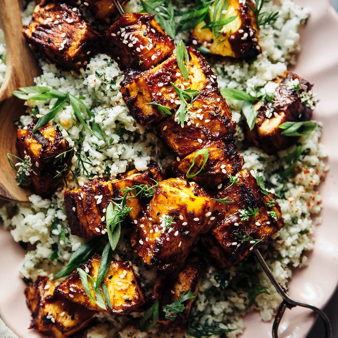 Sweet and Spicy Grilled Tofu with Pineapple and Herbed Cauliflower Rice