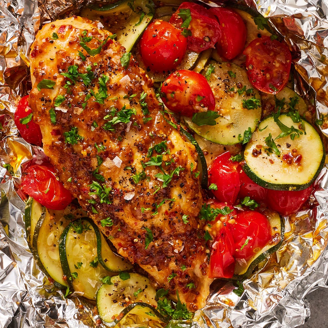 Honey Mustard Chicken, Tomato & Zucchini Foil Packs