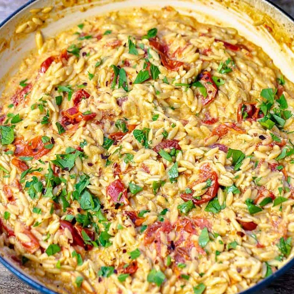 Creamy Orzo with Garlic, Parmesan, and Blistered Tomatoes