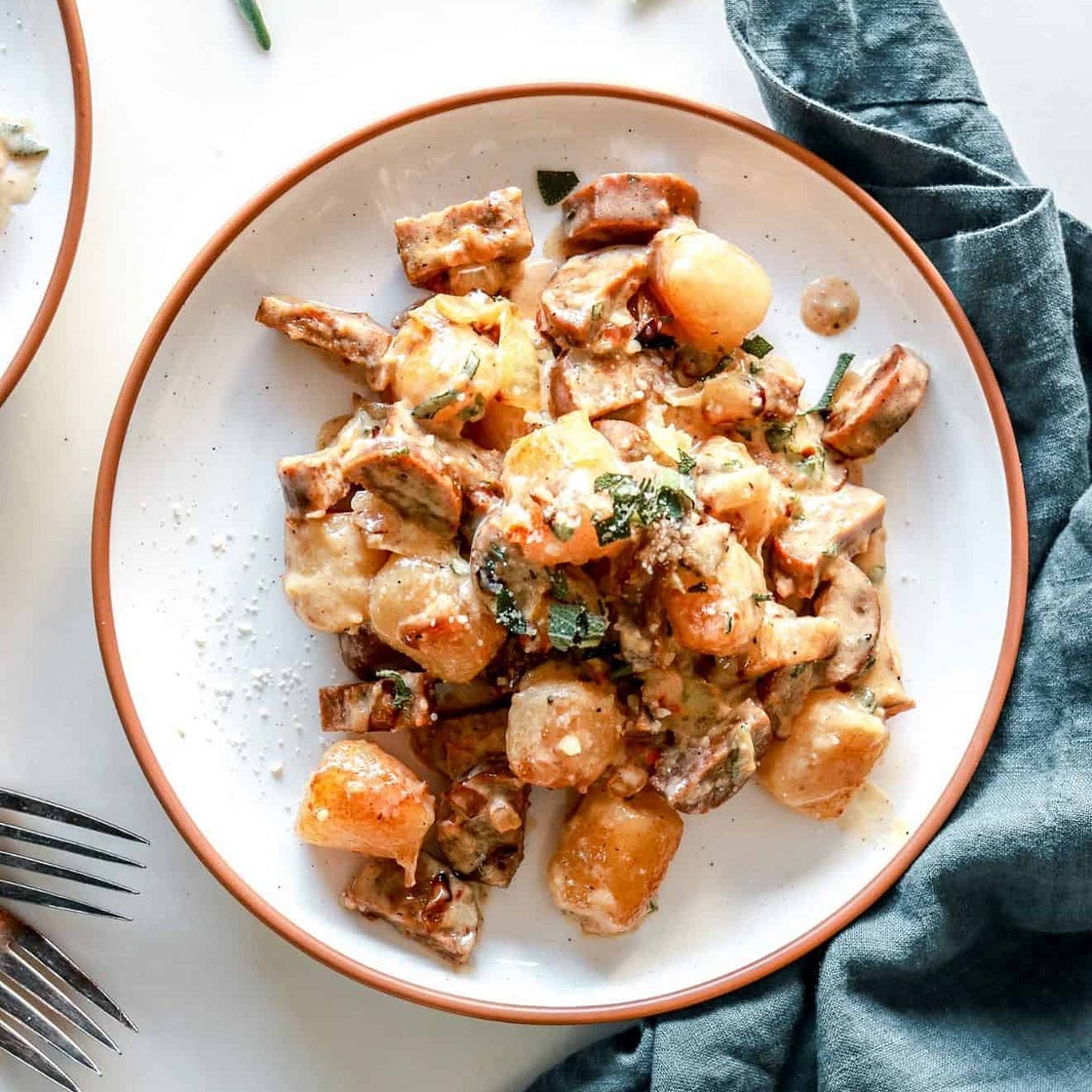 Trader Joe's Cauliflower Gnocchi with Caramelized Onions and Creamy Parmesan Sauce