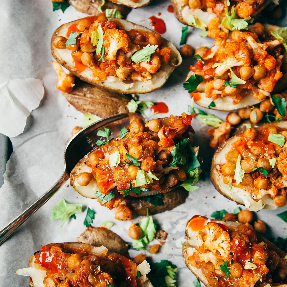 Twice Baked Potatoes with Buffalo Chickpeas & Cauliflower