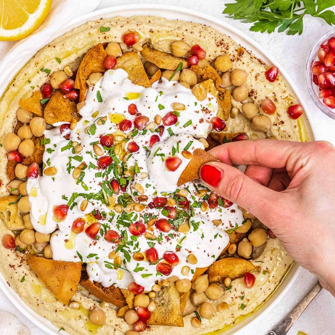 Fatteh (Pita, hummus, and yogurt)