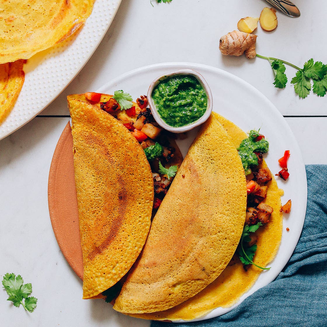 Savory Moong Dal Rice Crepes (Dosa or Cheela)