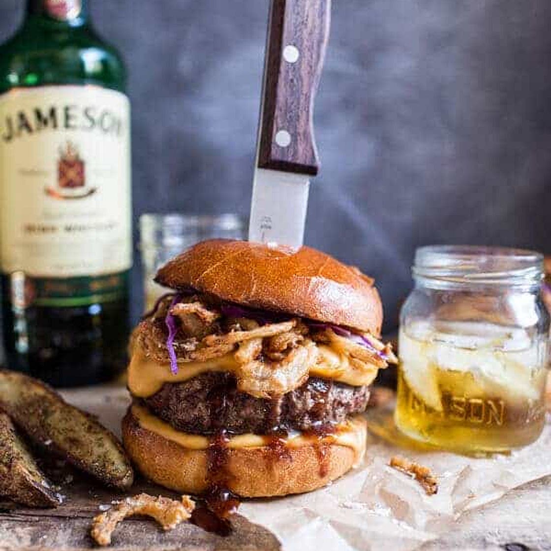 Jameson Whiskey Blue Cheese Burger with Guinness Cheese Sauce + Crispy Onions