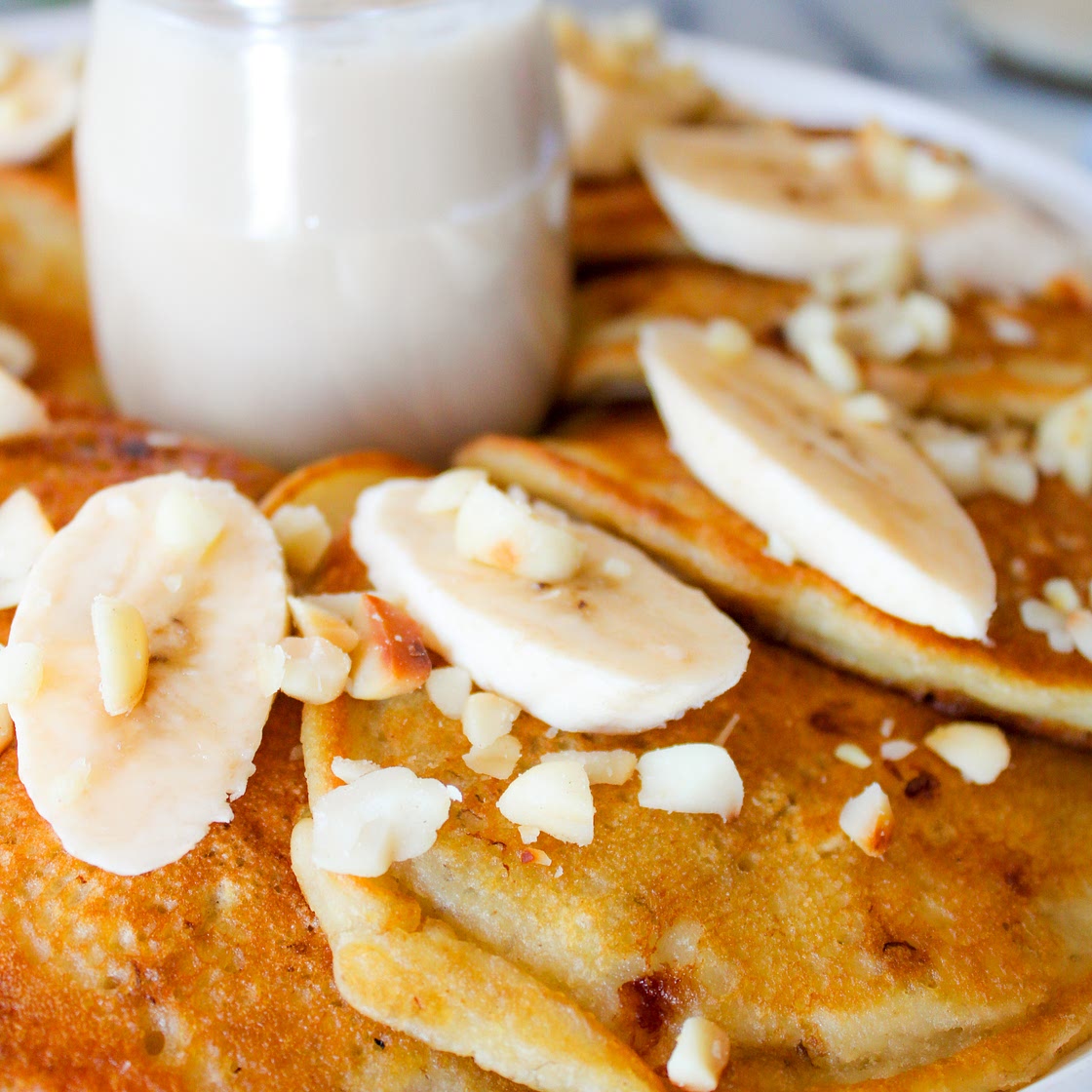 Banana Macadamia Pancakes With Vanilla Coconut Cream