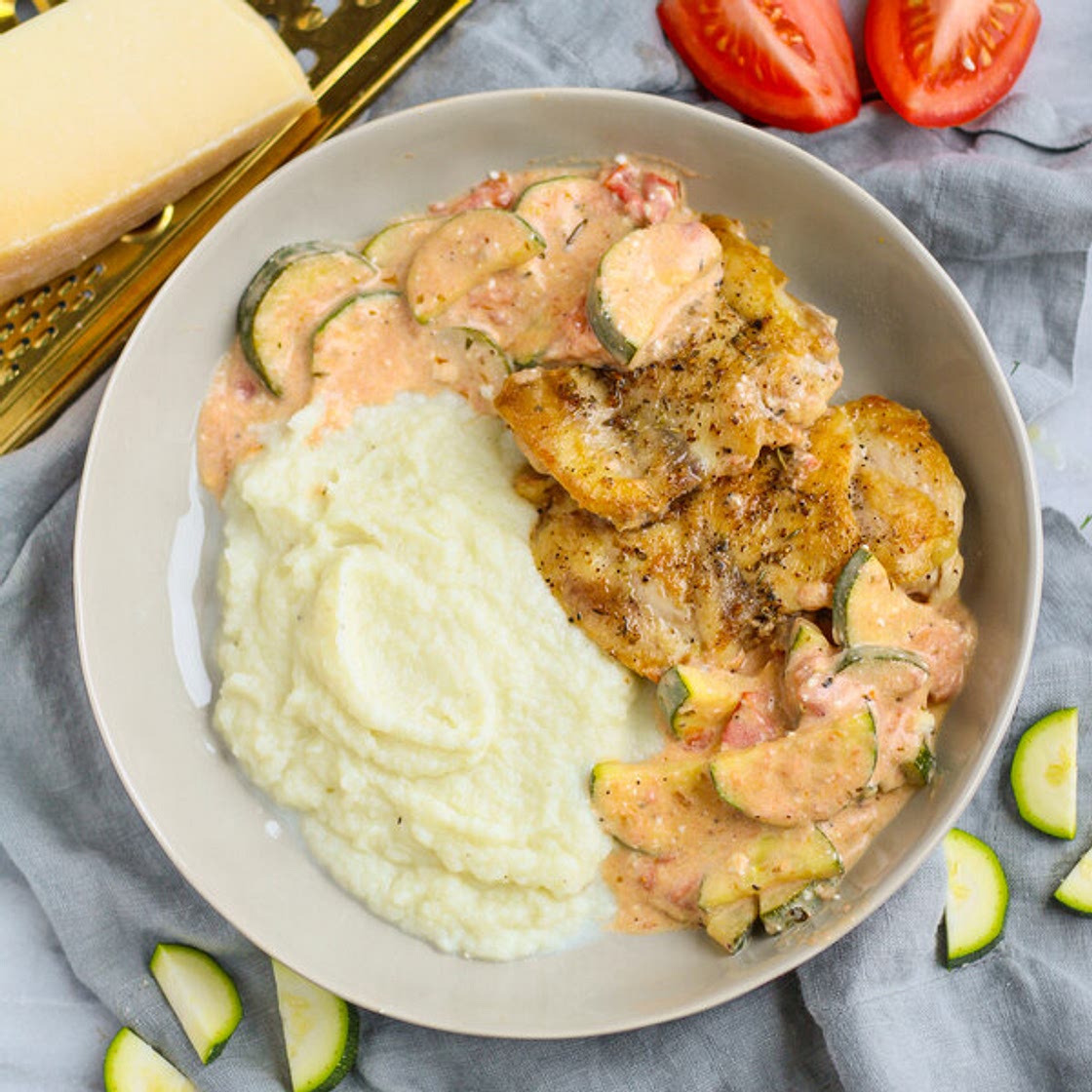 Seared Chicken Thighs with Creamy Zucchini and Cauliflower Purée