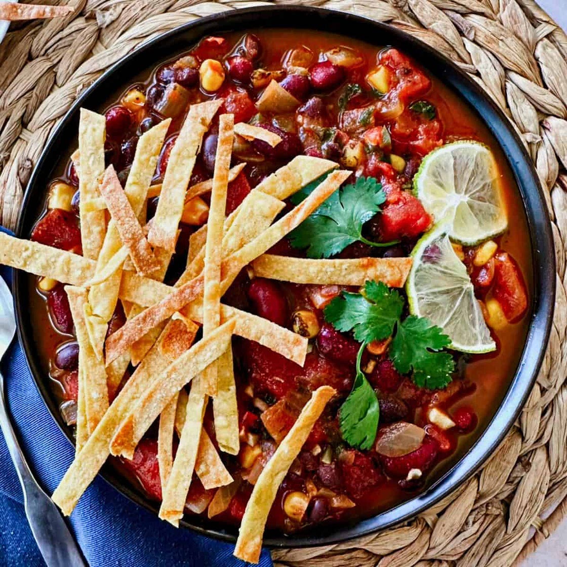 Vegan Tortilla Soup With Baked Tortilla Chips