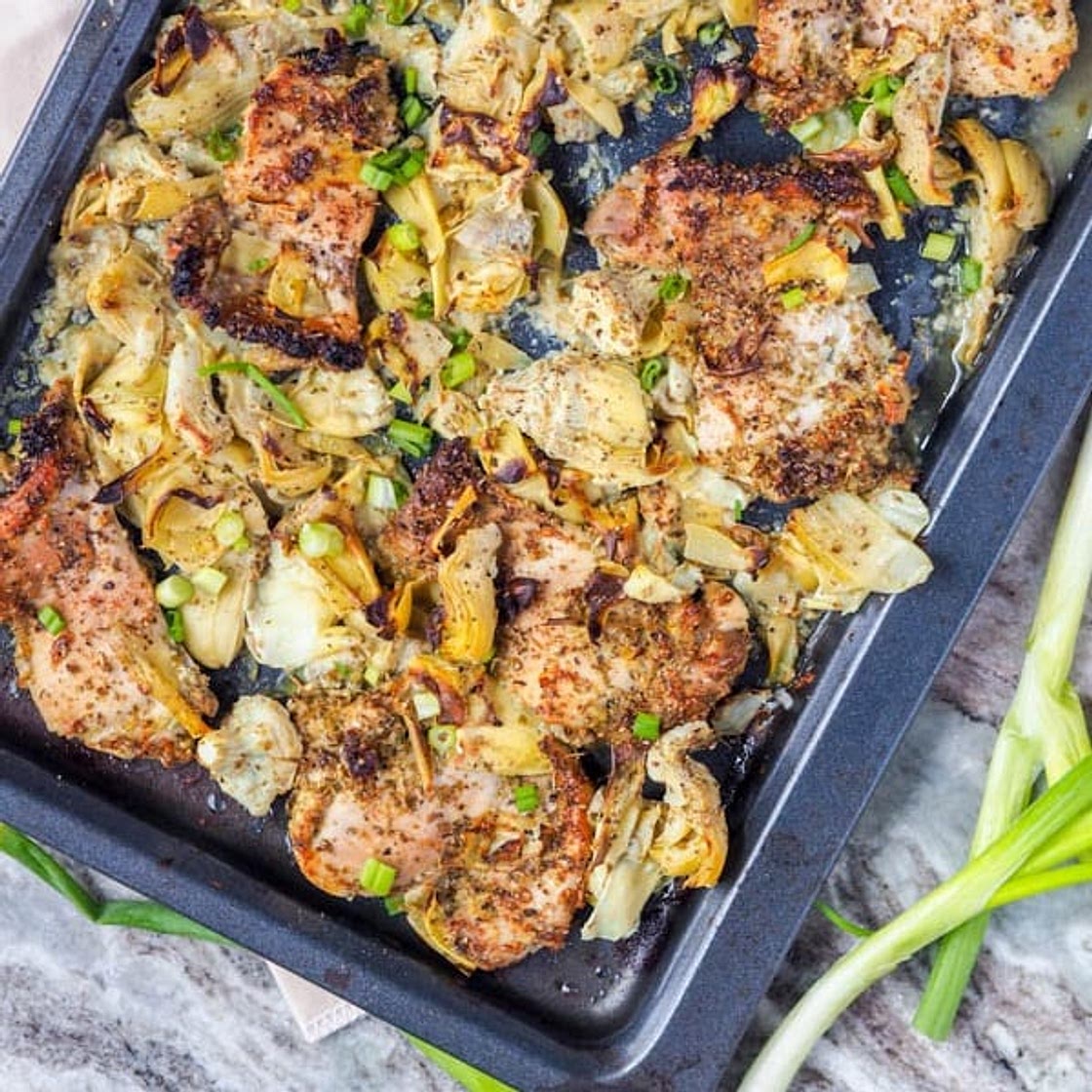Broiled Chicken Thighs with Artichokes and Garlic