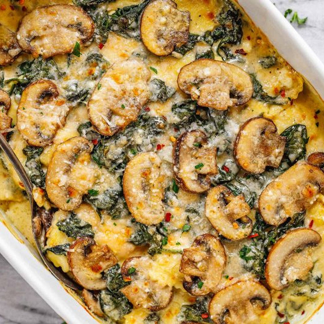 Cheesy Mushroom Ravioli Casserole with Spinach