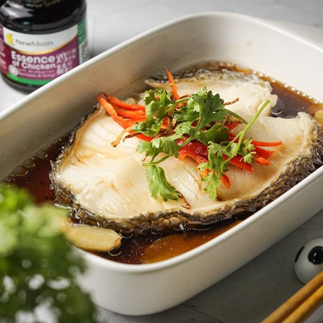 Steamed Cod Fish with Essence of Chicken in 15 Minutes (15分钟鸡精蒸鳕鱼)