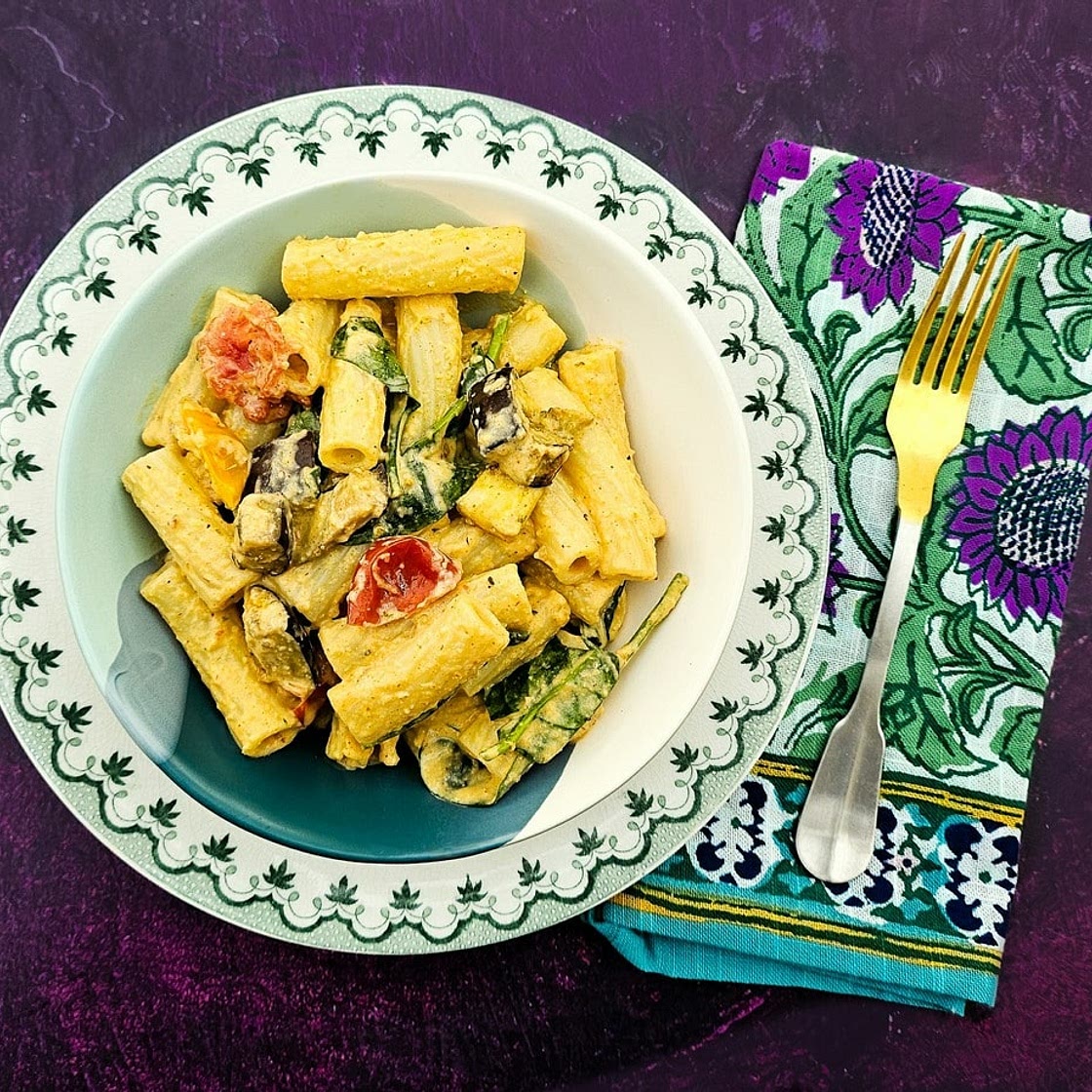 Easy Roast Aubergine and Tomato Pasta with Spinach