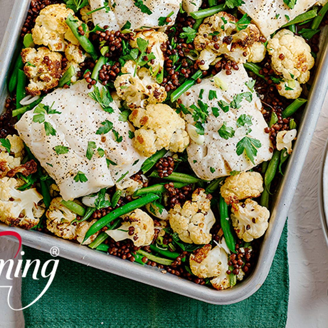 Fish traybake with cauliflower and lentils