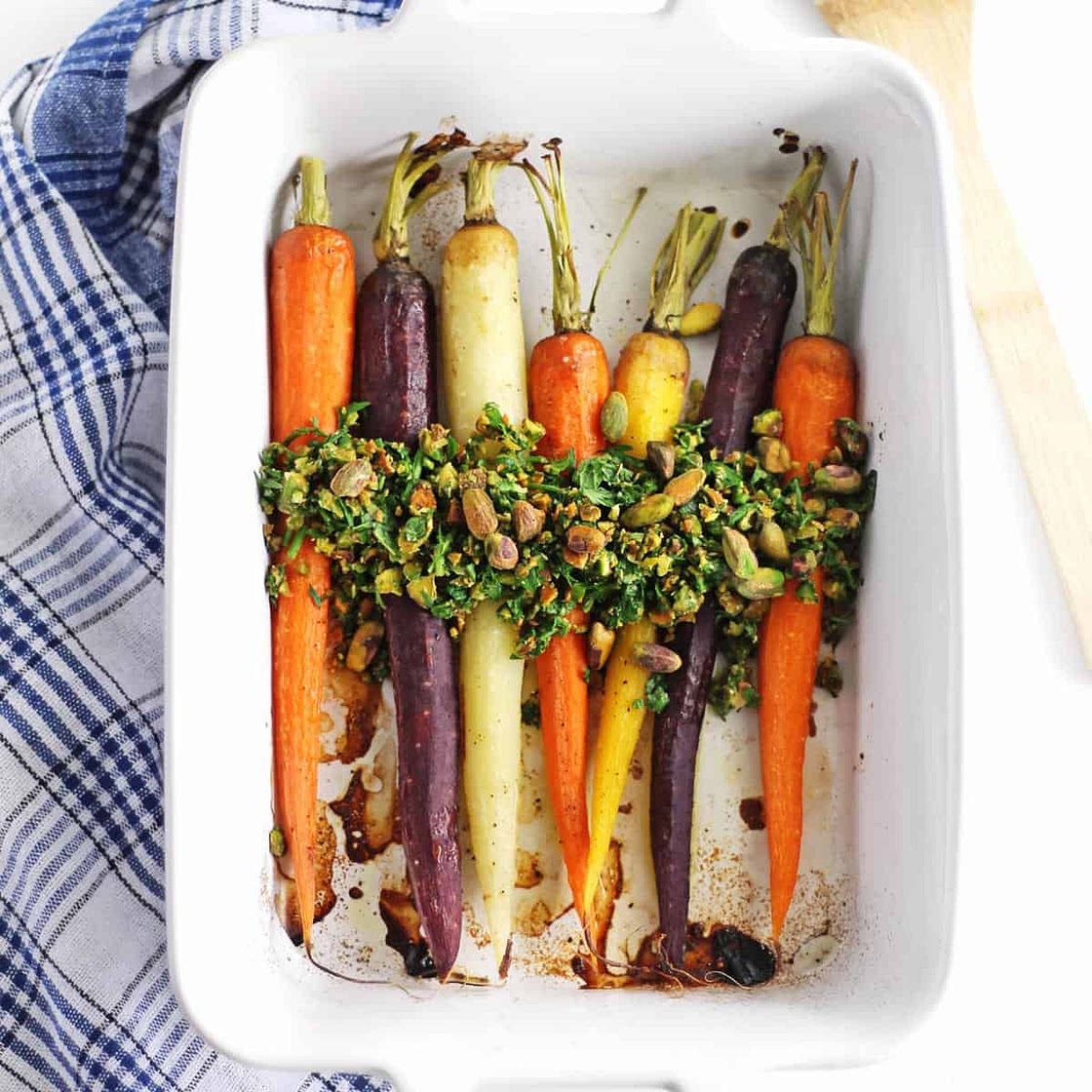 Roasted rainbow carrots with pistachio herb relish