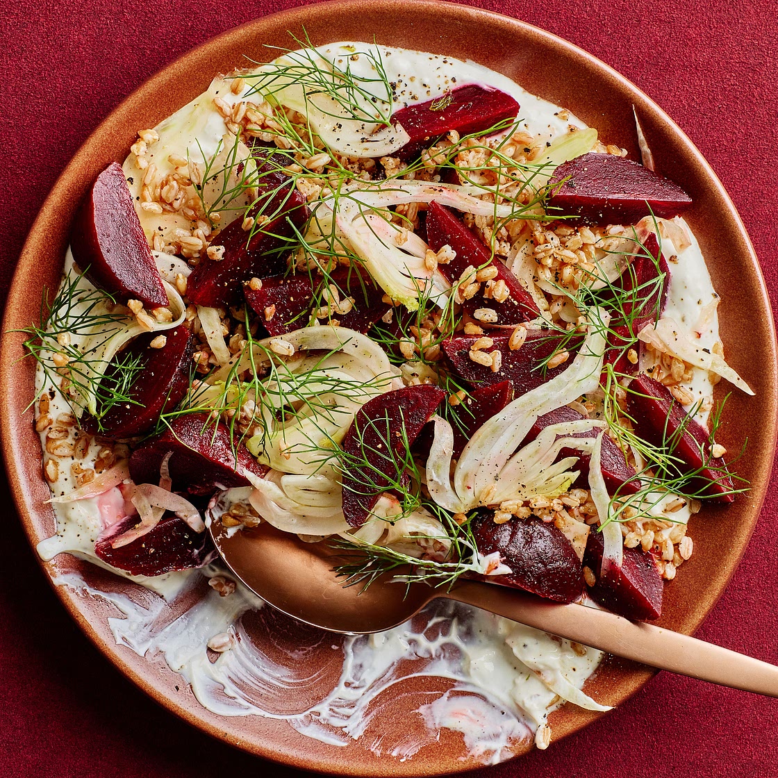 Beets and Farro With Honey-Garlic Goat Cheese