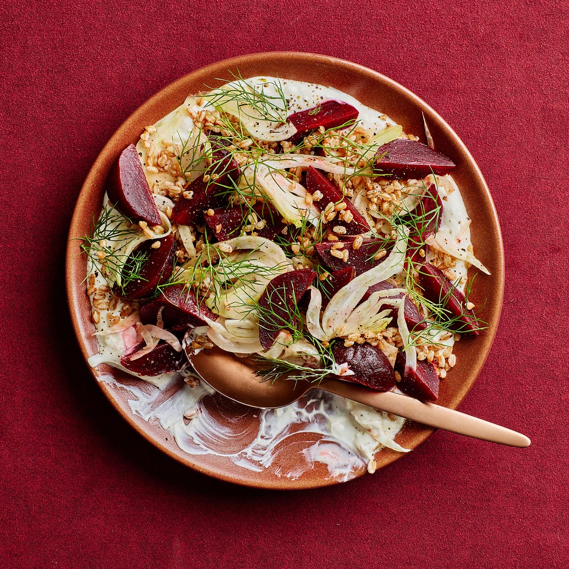 Beets and Farro With Honey-Garlic Goat Cheese