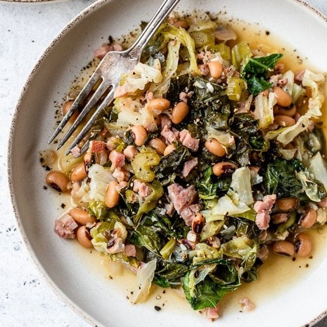 Black-Eyed Peas with Leftover Ham Bone, Collard Greens & Cabbage