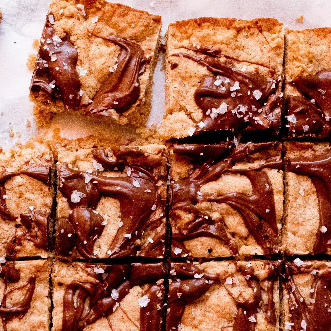 Oatmeal Cookie Bars with Brown Butter and Salted Nutella Swirl