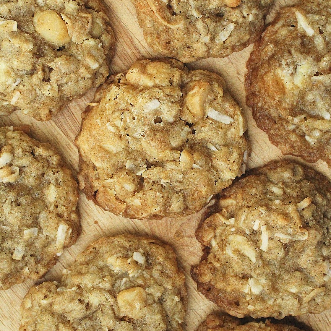 Coconut Oatmeal Cookies with Macadamias and White Chocolate Chunks