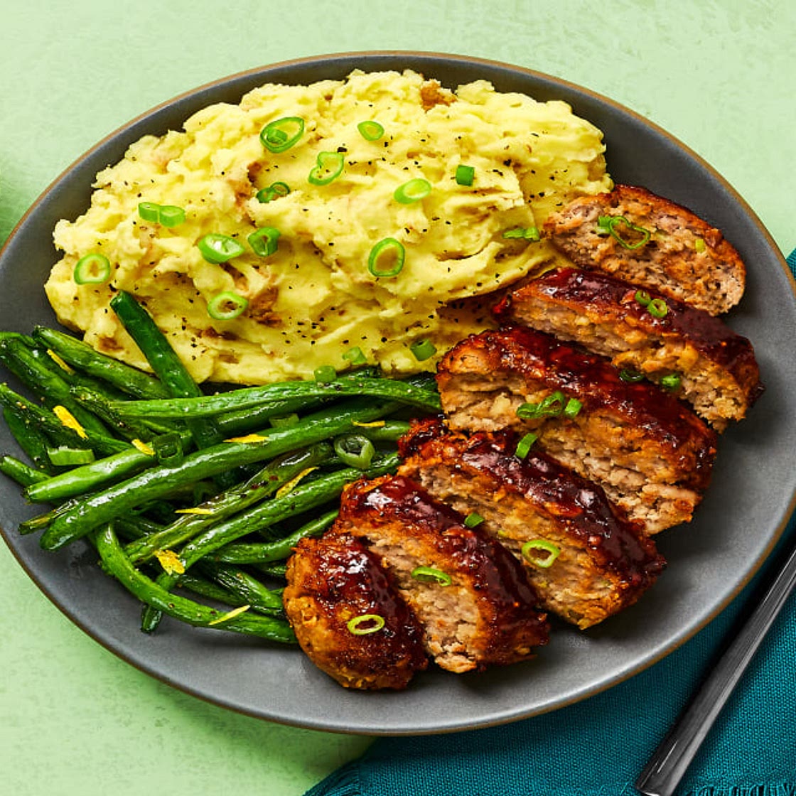 Brown Sugar Bourbon Pork Meatloaves with Apple, Mashed Potatoes & Roasted Green Beans