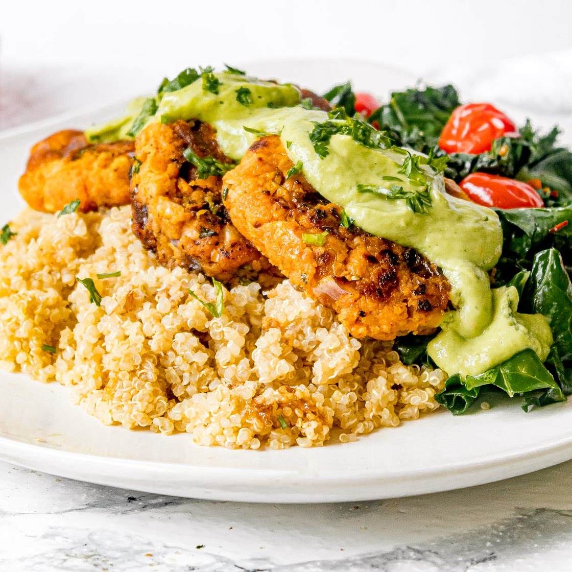 Sweet Potato Patties with Chickpeas and Creamy Avocado Sauce