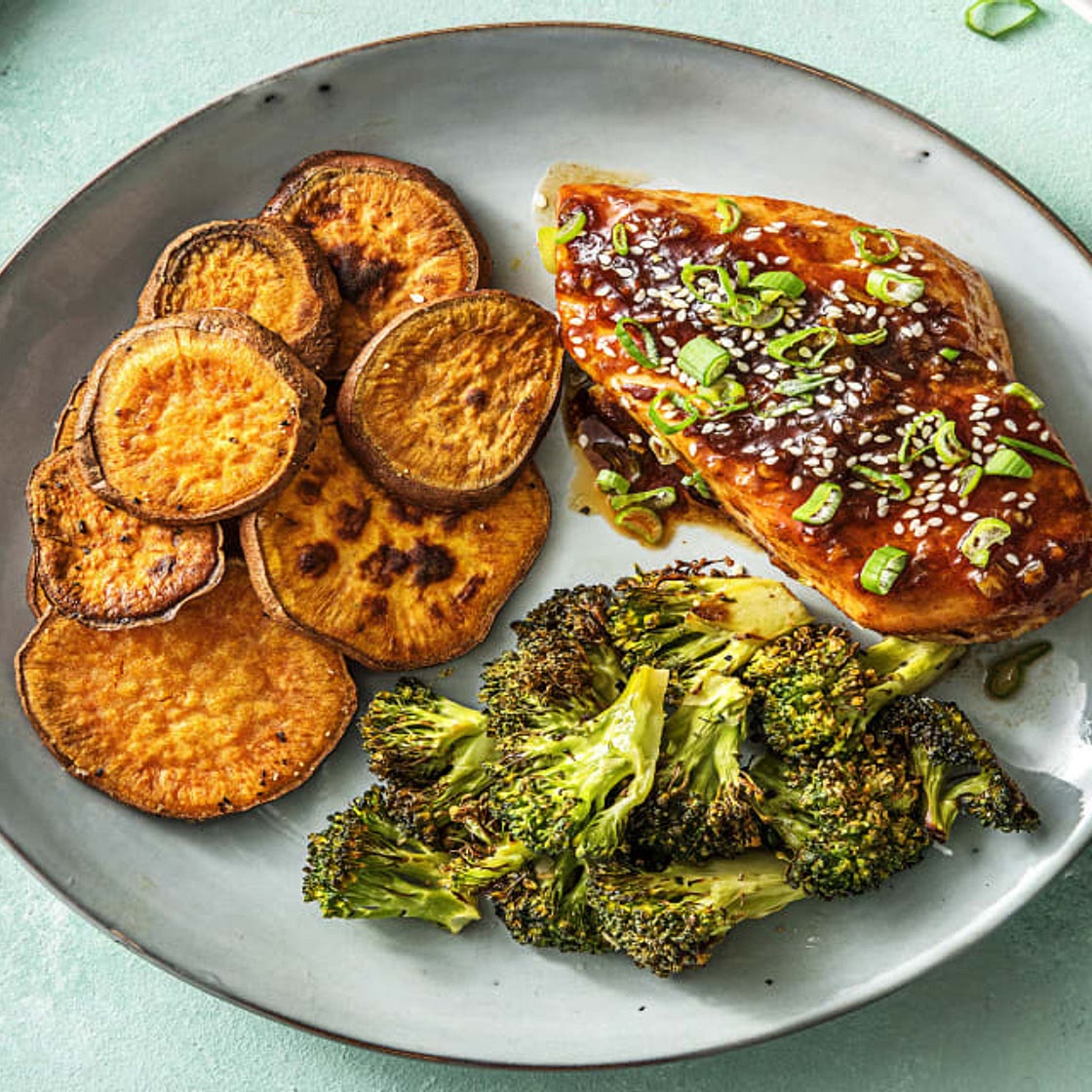 Hoisin Sriracha Chicken with Roasted Sweet Potatoes and Broccoli
