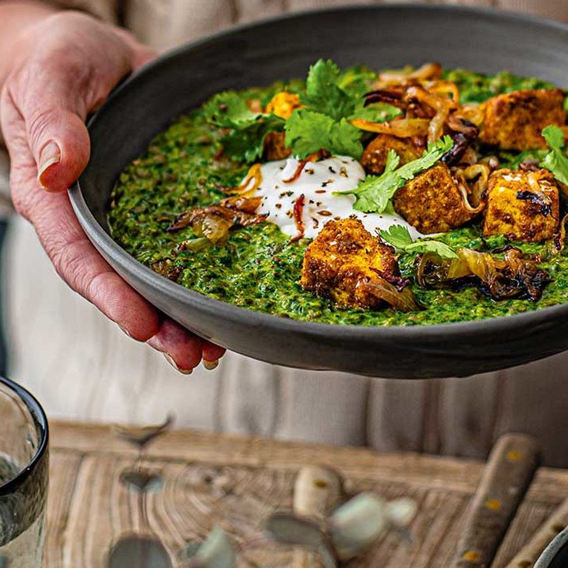 Emerald dhal with golden tofu