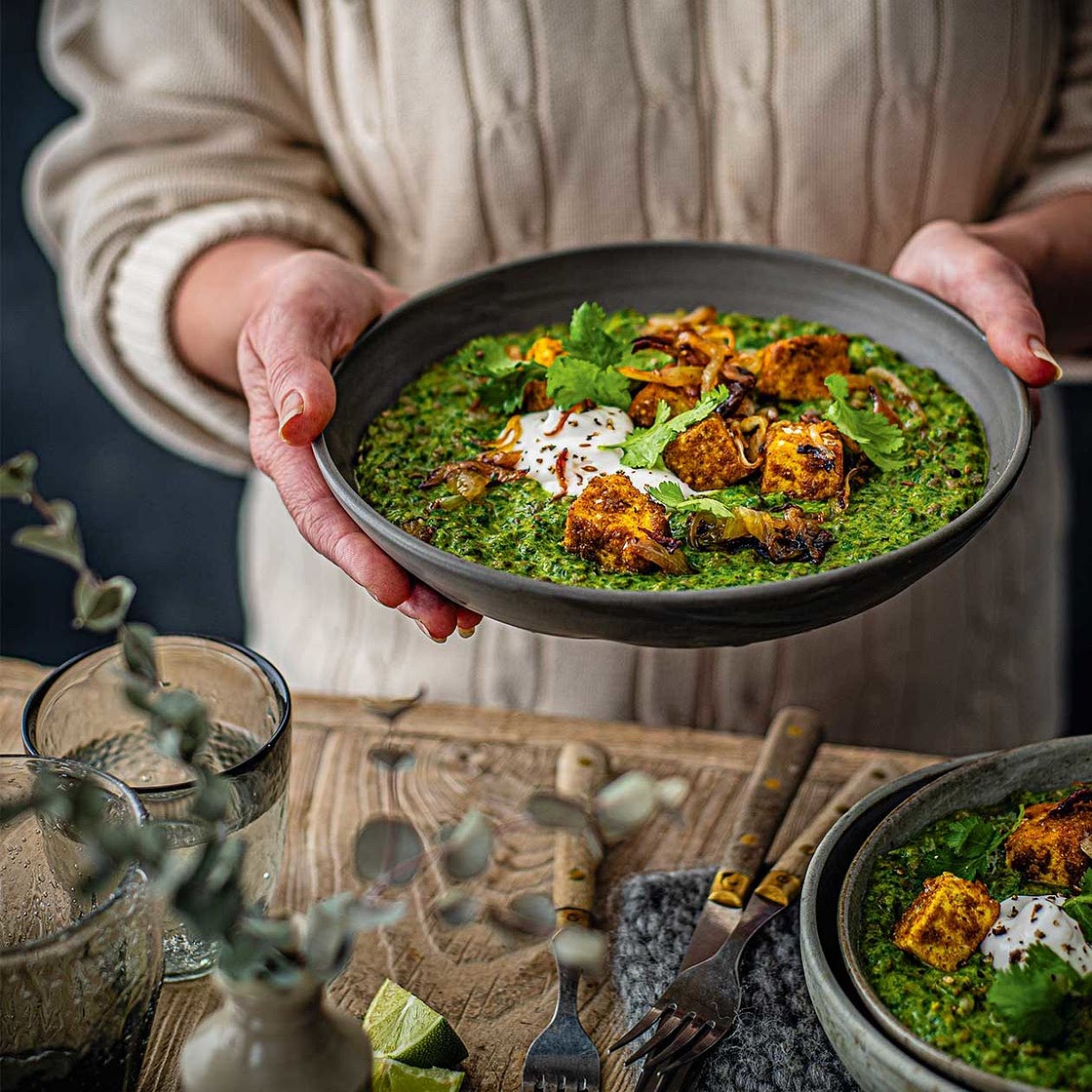 Emerald dhal with golden tofu