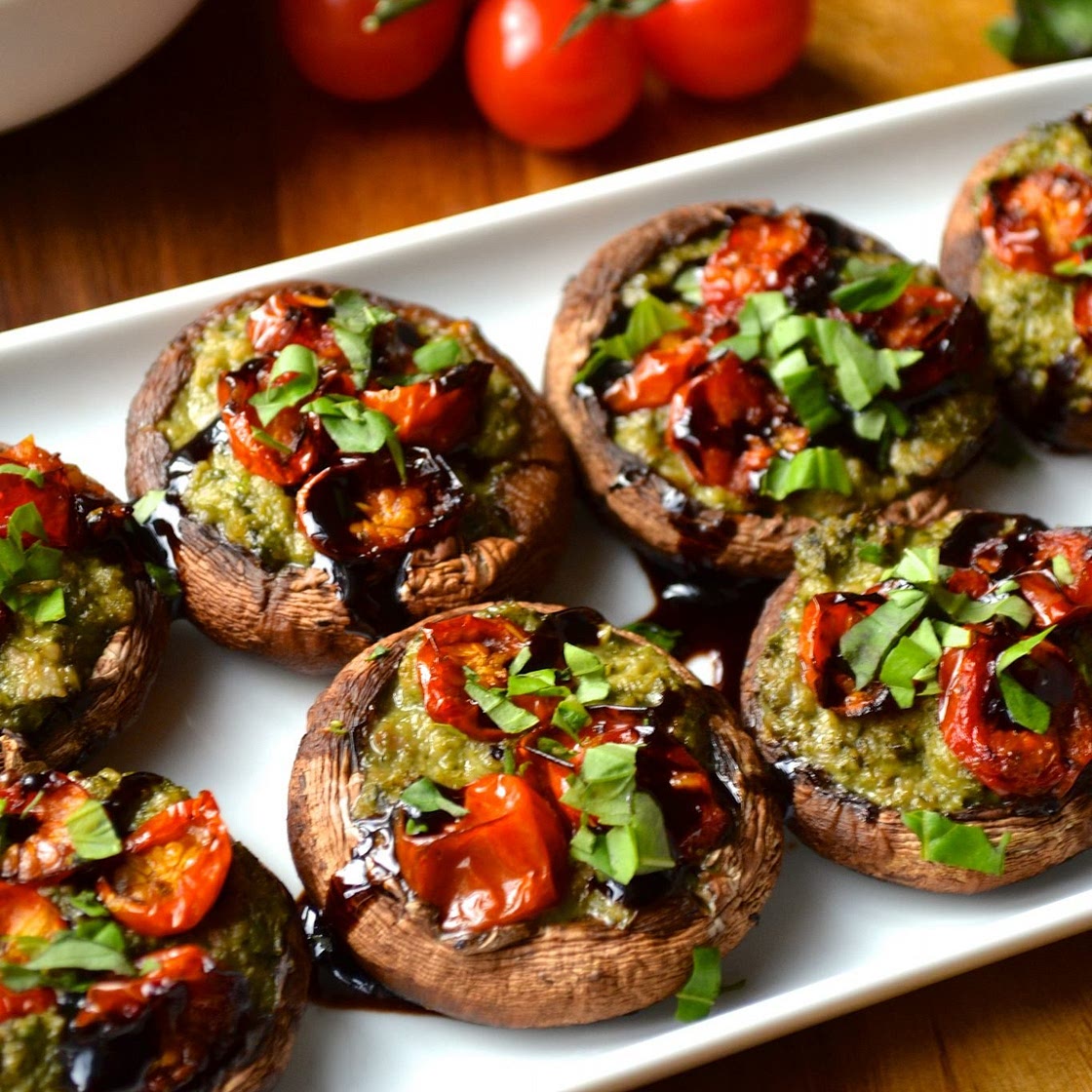 Pesto & Roasted Tomato Stuffed Mushrooms