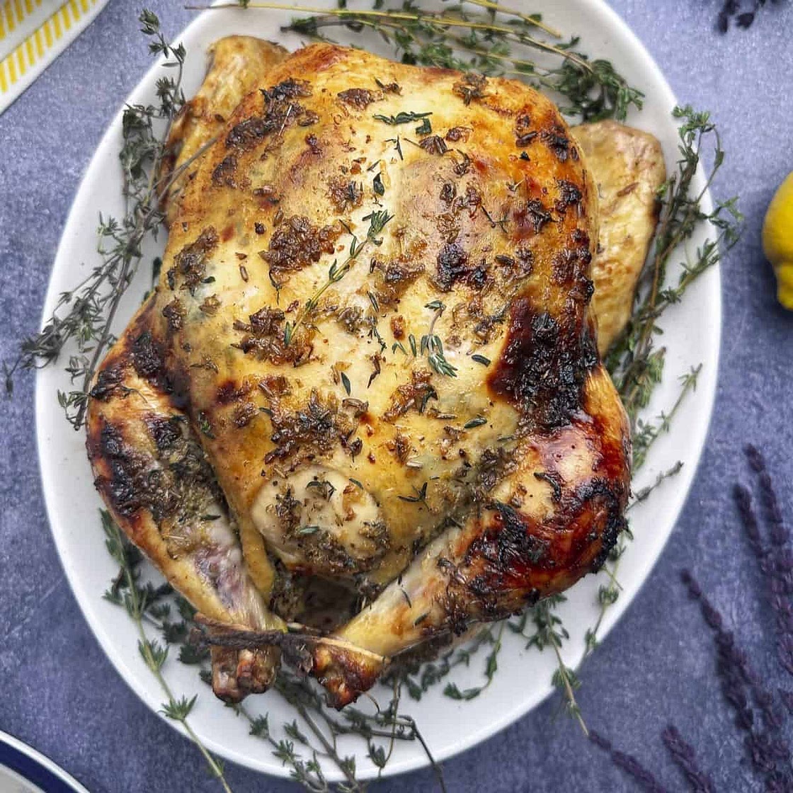 Lavender Herb Butter Glazed Whole Roasted Chicken Recipe