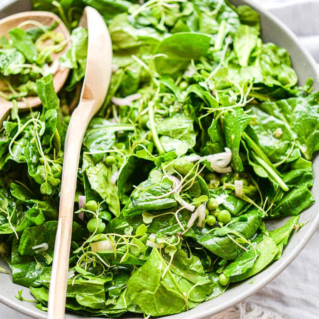 Spring Spinach Salad Recipe with Spicy Dressing and Herbs