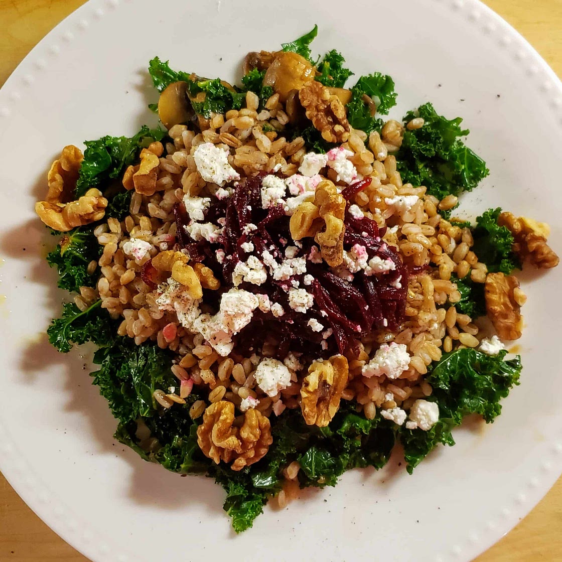 Kale, mushrooms, farro and beets
